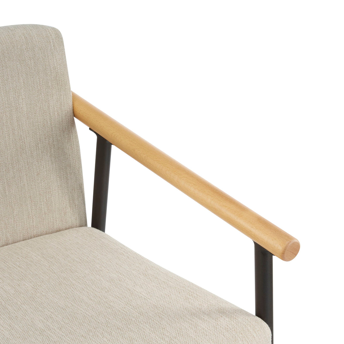 Mid Century Modern Counter Stool with fabric seat and wood armrest on black iron frame on Tampa Home & Garden Store