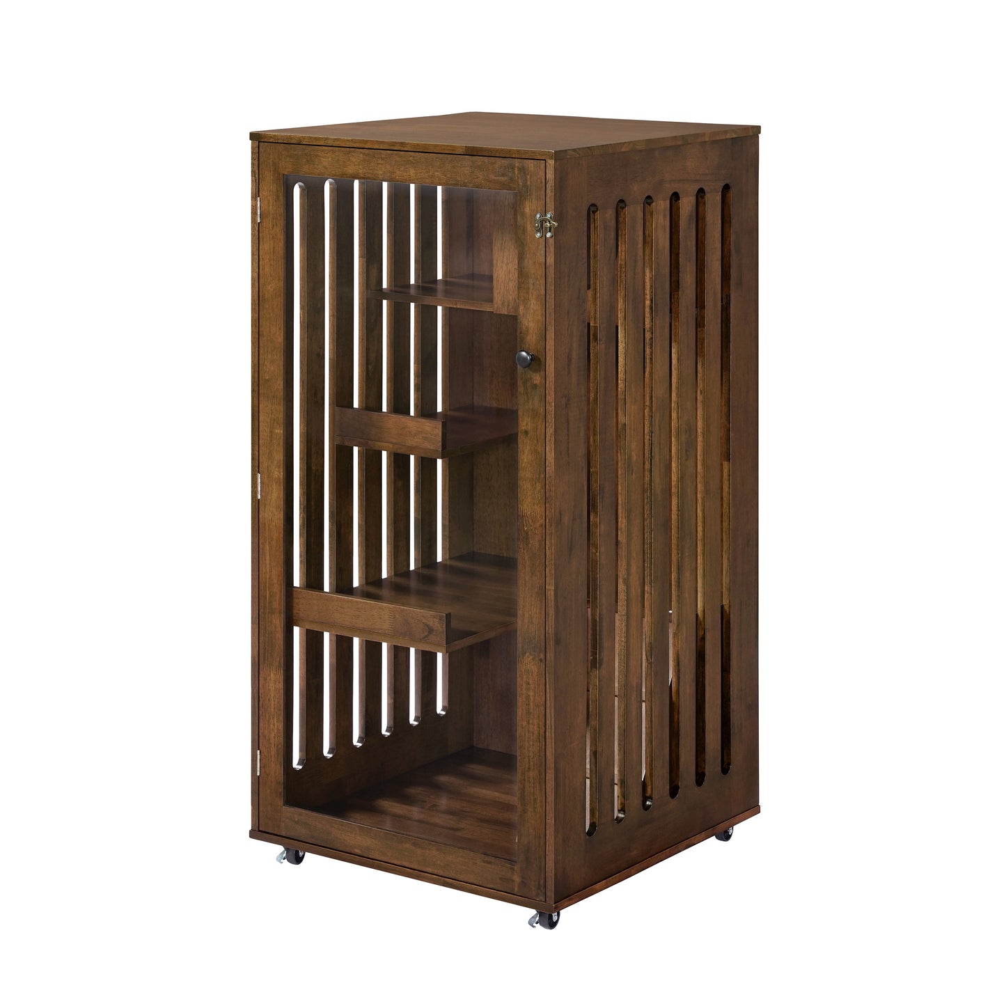 Basia Indoor Rubber Wood Cat Cabinet with dark brown finish and slatted sides on wheels on Tampa Home & Garden Store