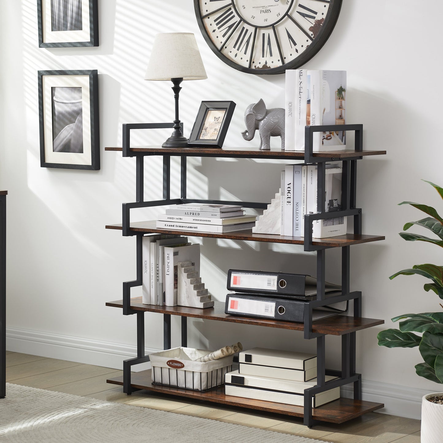 4-storey office bookshelf, rural wooden metal bookshelf, independent open bookshelf, industrial high angle bookshelf - Tampa Home & Garden Store