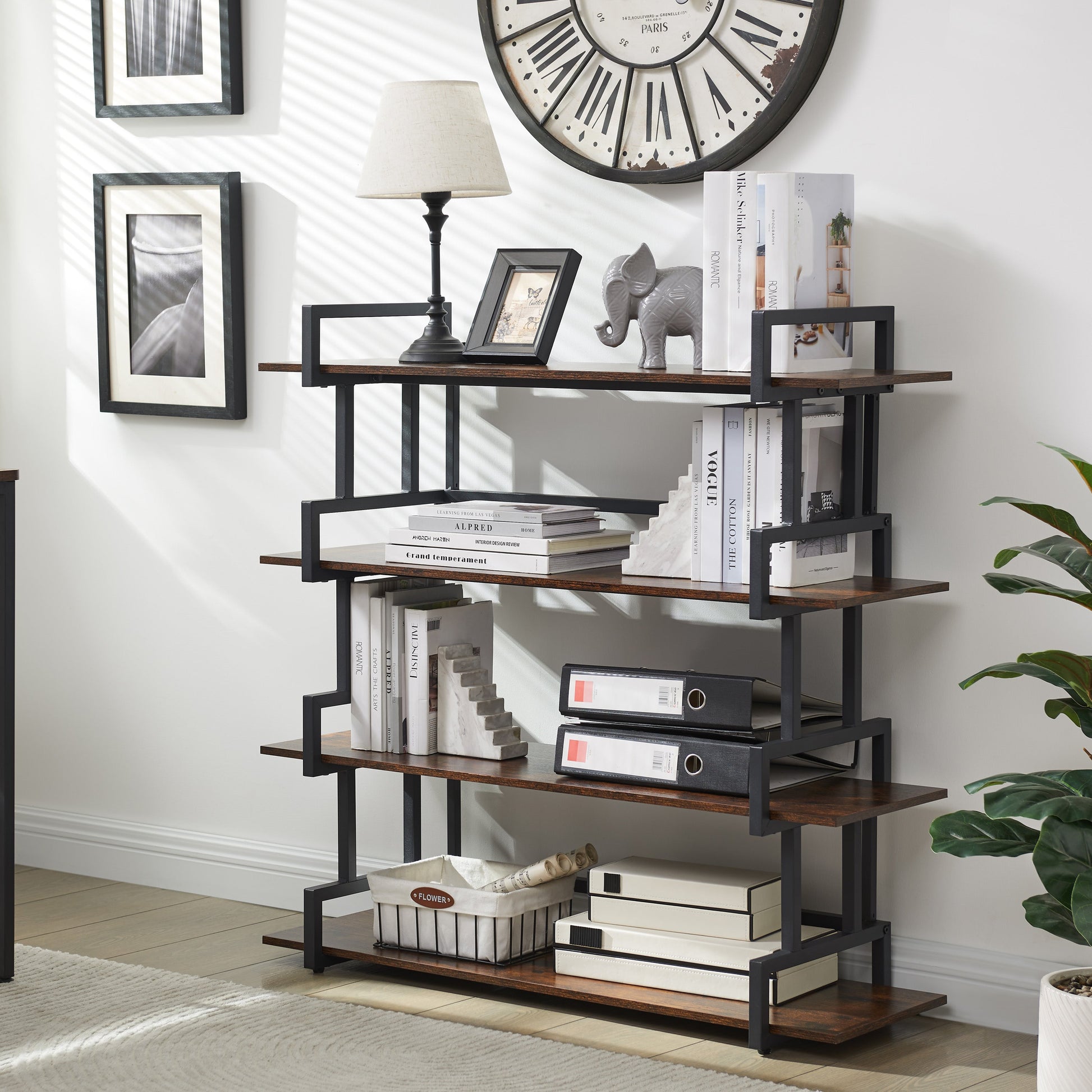 4-storey office bookshelf, rural wooden metal bookshelf, independent open bookshelf, industrial high angle bookshelf - Tampa Home & Garden Store