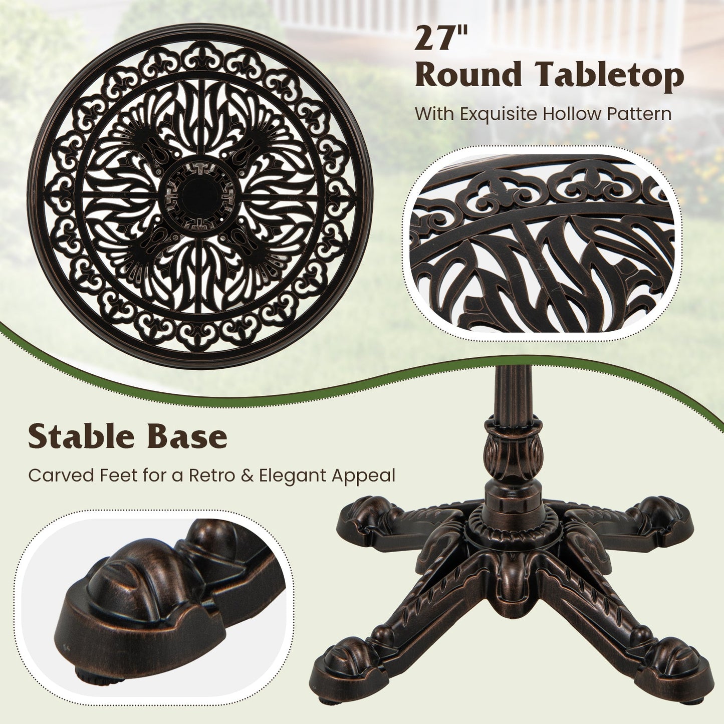 27Inch Round Cast Aluminum Patio Bistro Table with Hollow Top-Copper