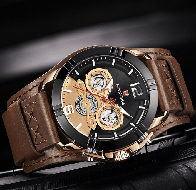 Men's leather watch Naviforce chronograph dial, brown strap, black bezel, luminous hands on Tampa Home & Garden Store