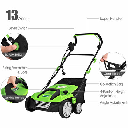 Escarificador eléctrico de 15 pulgadas y 13 amperios con bolsa recolectora y cuchillas extraíbles - Verde