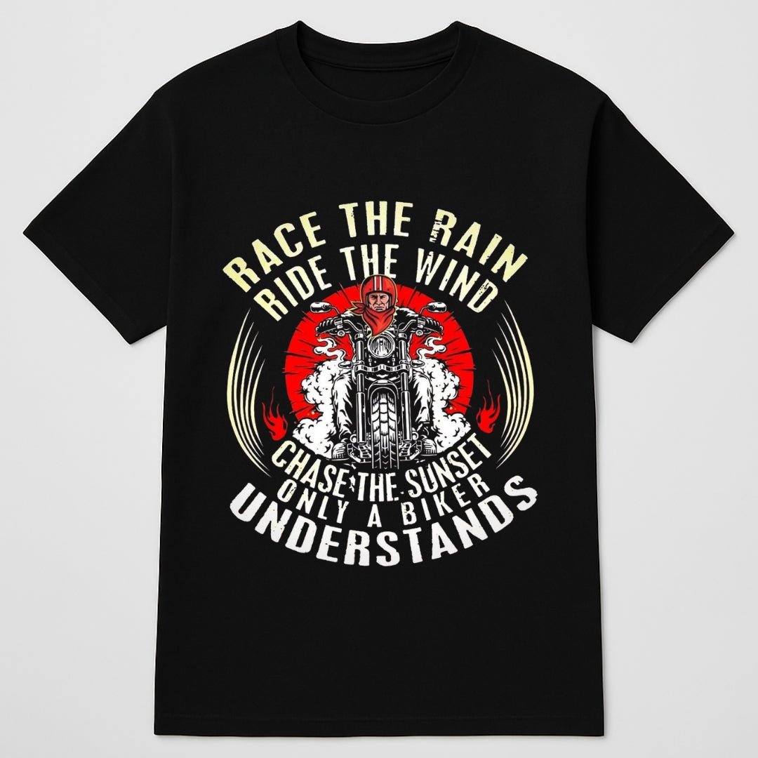 Biker Designed T-shirt black tee with vintage motorcycle graphic, red sun accent, cream typography on Tampa Home & Garden Store