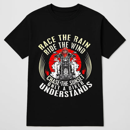 Biker Designed T-shirt black tee with vintage motorcycle graphic, red sun accent, cream typography on Tampa Home & Garden Store
