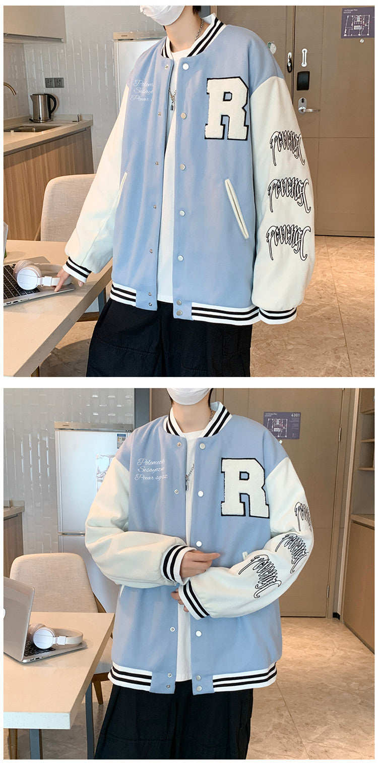 Stevvex bomber jacket with light blue body white sleeves large R patch front snaps on Tampa Home & Garden Store