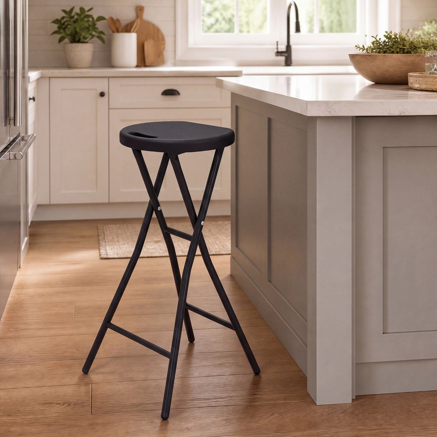 27.5in folding bar stool DirectDeals with HDPE seat and carry handle, black metal legs on Tampa Home & Garden Store