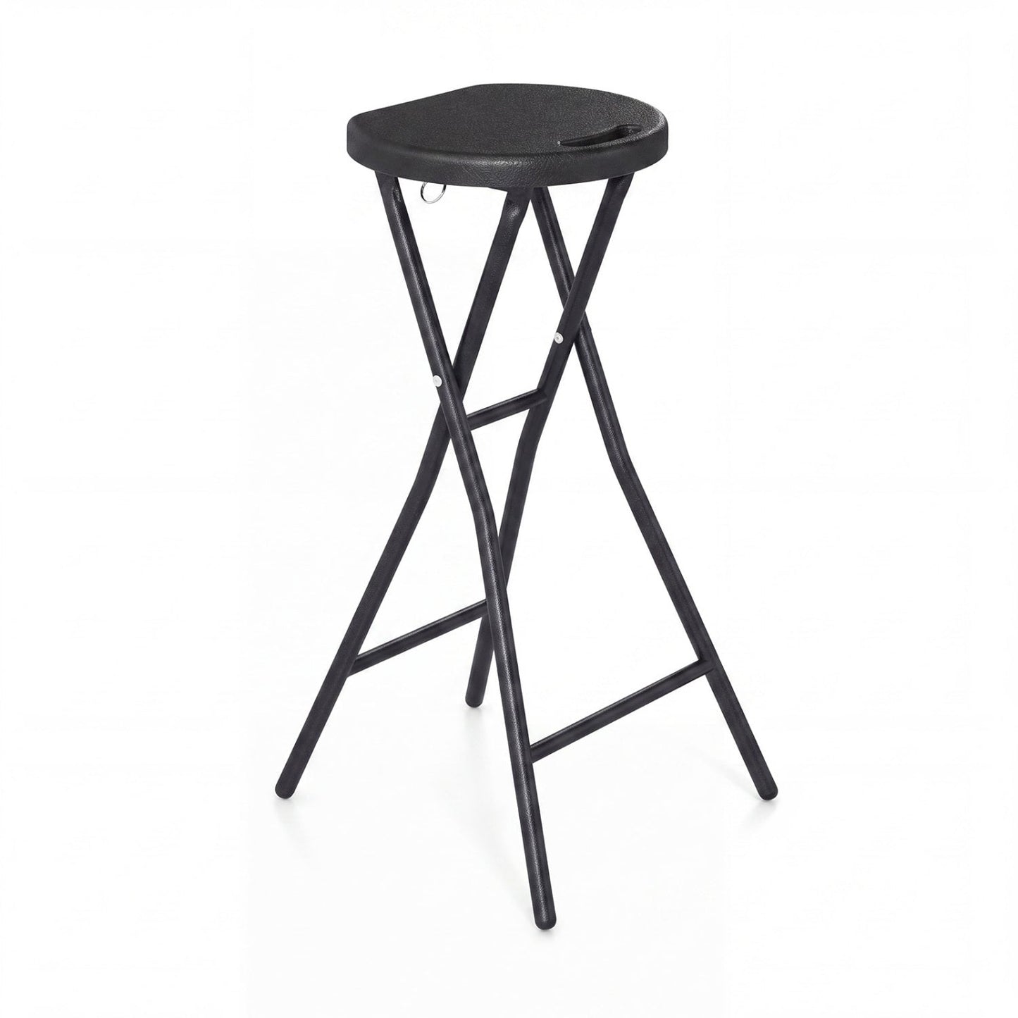 27.5in folding bar stool with HDPE seat and carry handle, black metal frame on Tampa Home & Garden Store