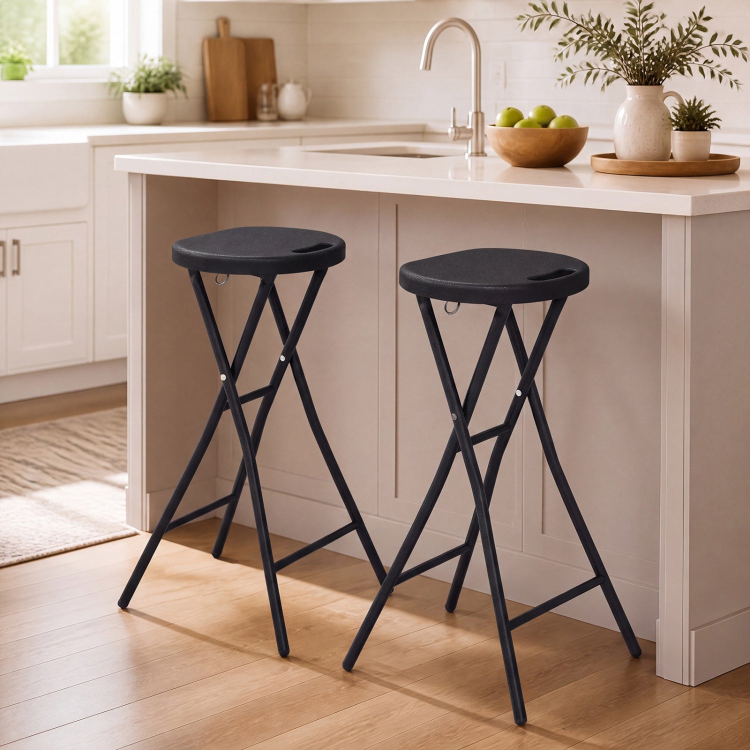27.5in Folding Bar Stool with HDPE seat, black, carry handle, DirectDeals pair on Tampa Home & Garden Store