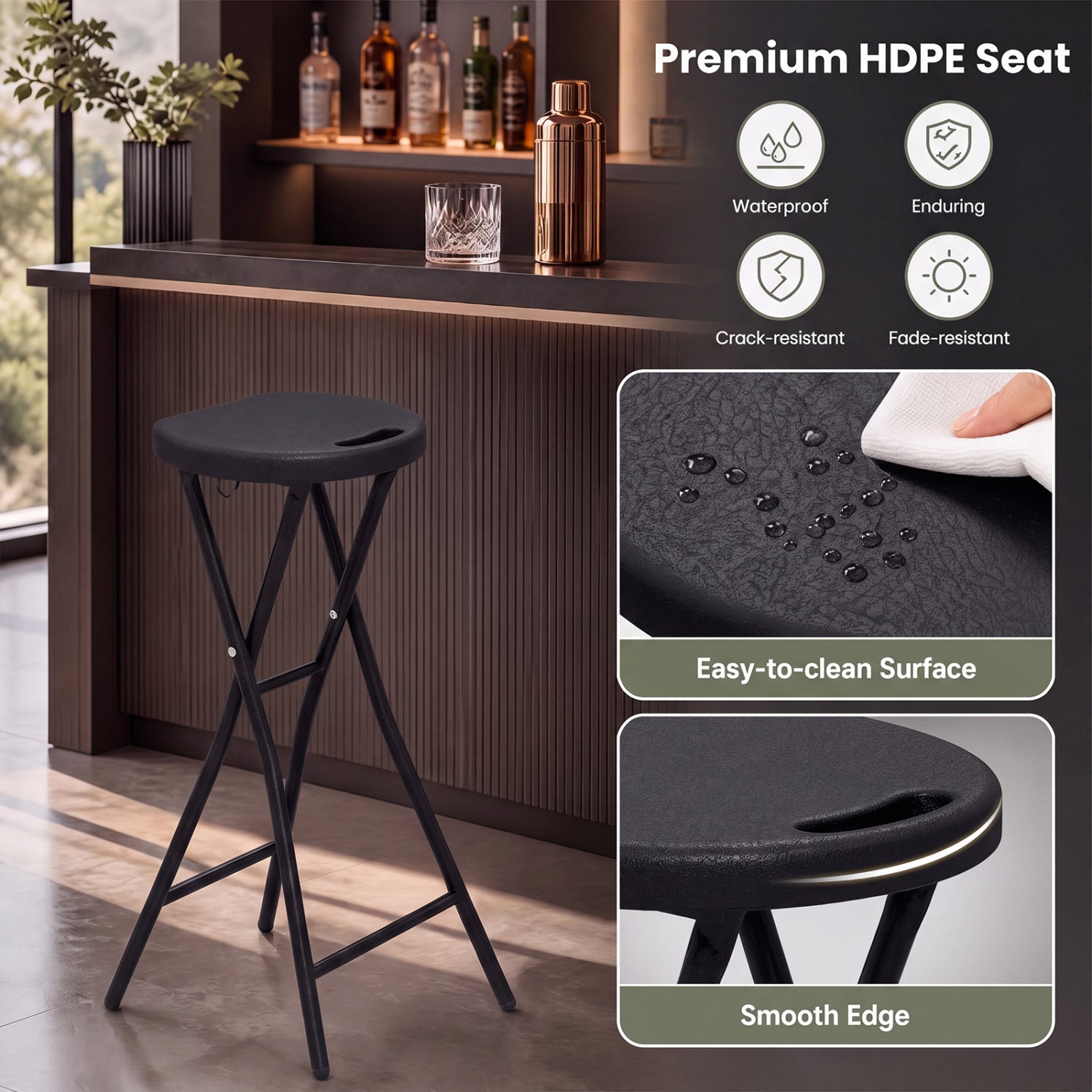 27.5in folding bar stool with black HDPE seat and carry handle, metal X-frame legs on Tampa Home & Garden Store