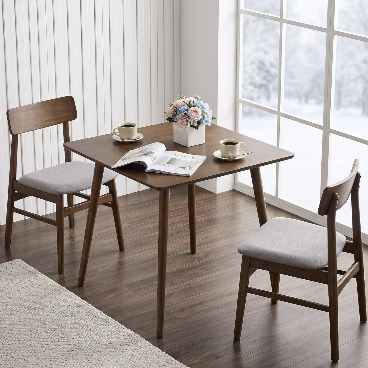 DirectDeals walnut 27.5-inch square dining table with three chairs and floral centerpiece on Tampa Home & Garden Store