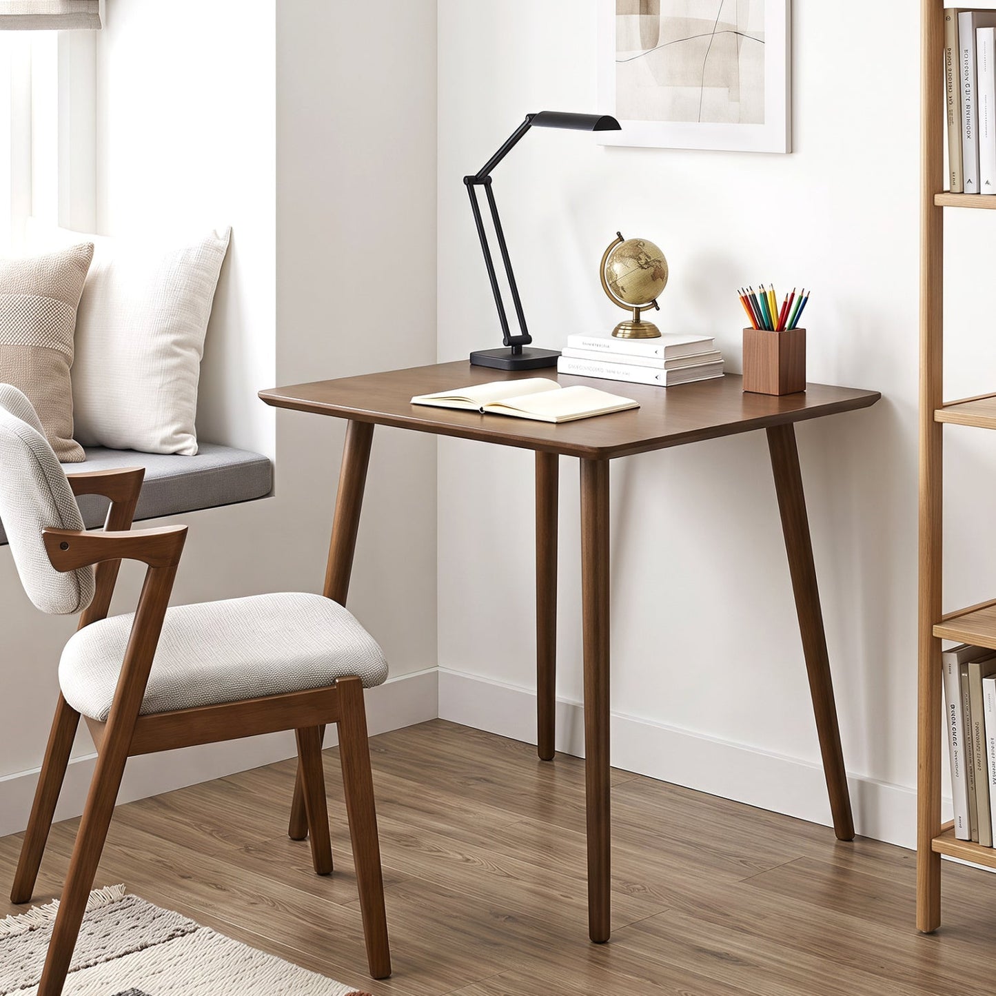 Dining table walnut 27.5in square for 2-4 by DirectDeals in a modern study with lamp and globe on Tampa Home & Garden Store