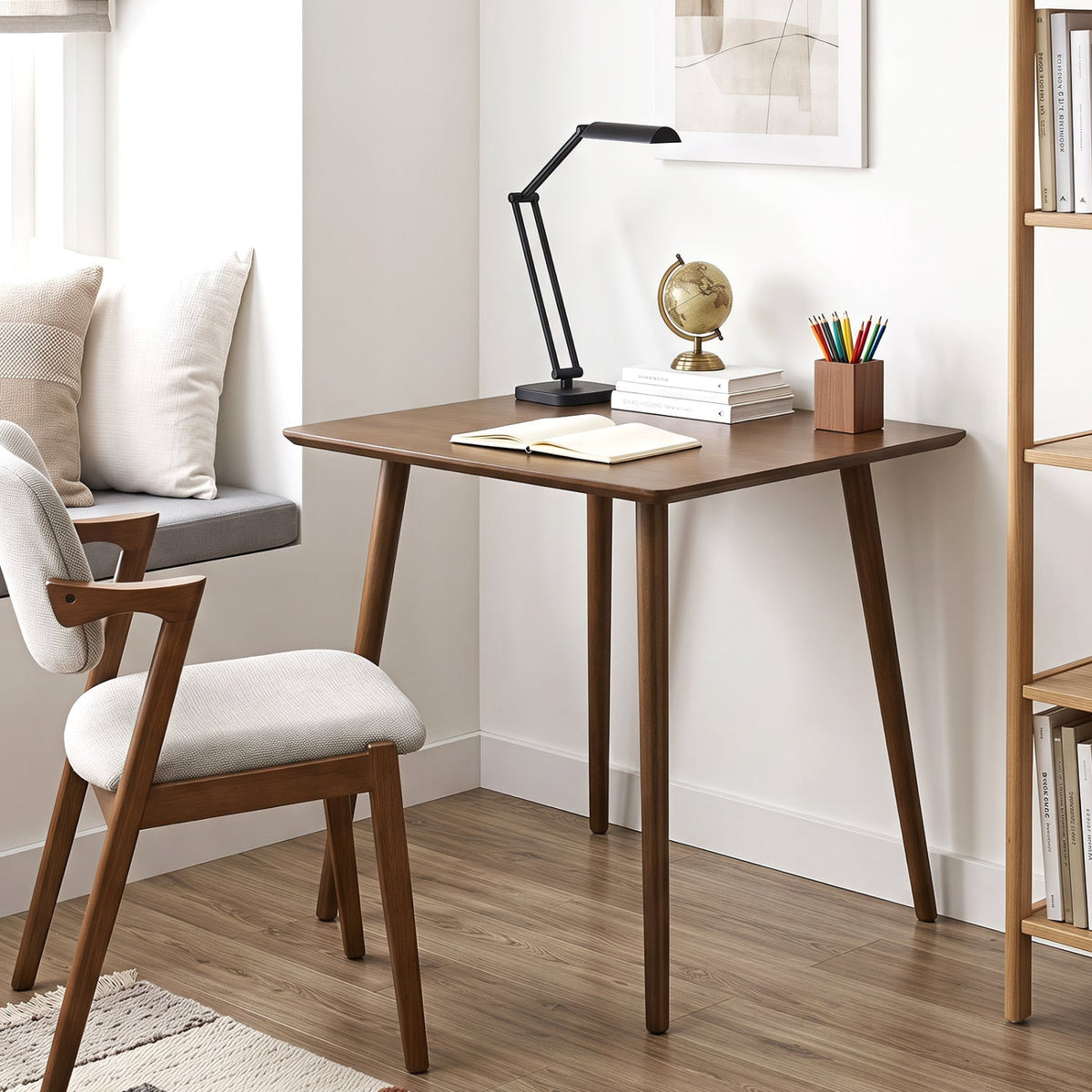 Dining table walnut 27.5in square for 2-4 by DirectDeals in a modern study with lamp and globe on Tampa Home & Garden Store