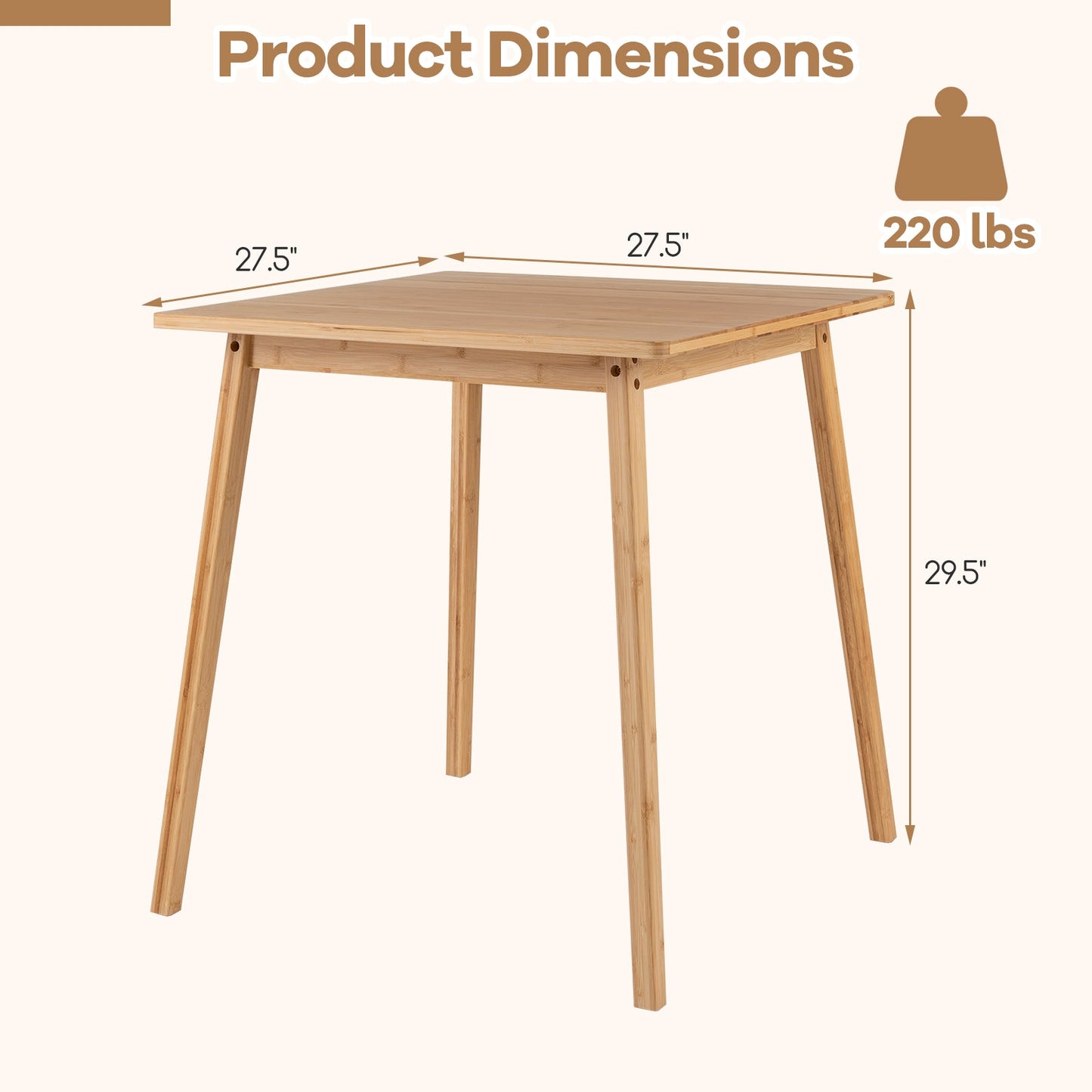 27.5 Inch Square Bamboo Dining Table for 2-4 People-Natural