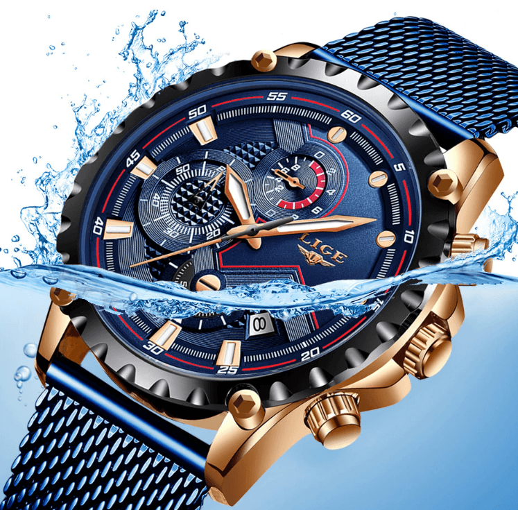 Stevvex men's sports waterproof watch with stainless steel bracelet blue dial and gold-tone case on Tampa Home & Garden Store