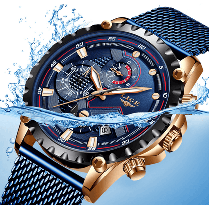 Stevvex men's sports waterproof watch with stainless steel bracelet blue dial and gold-tone case on Tampa Home & Garden Store