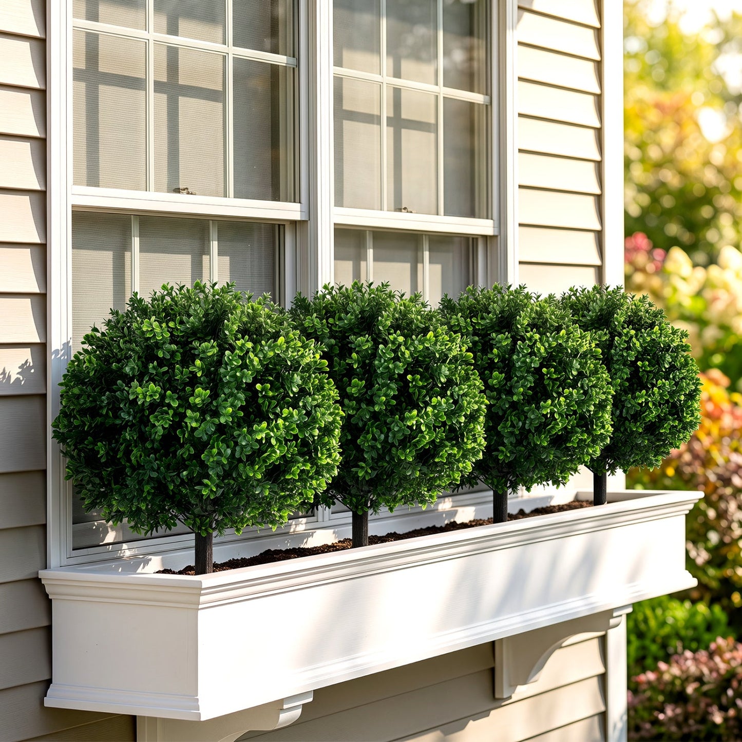 DirectDeals Artificial Boxwood Topiary Trees 27in set of 2 with ground spikes in window box on Tampa Home & Garden Store