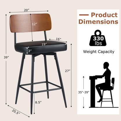 27 Inch Padded Counter Barstools Set of 2 with Metal Legs