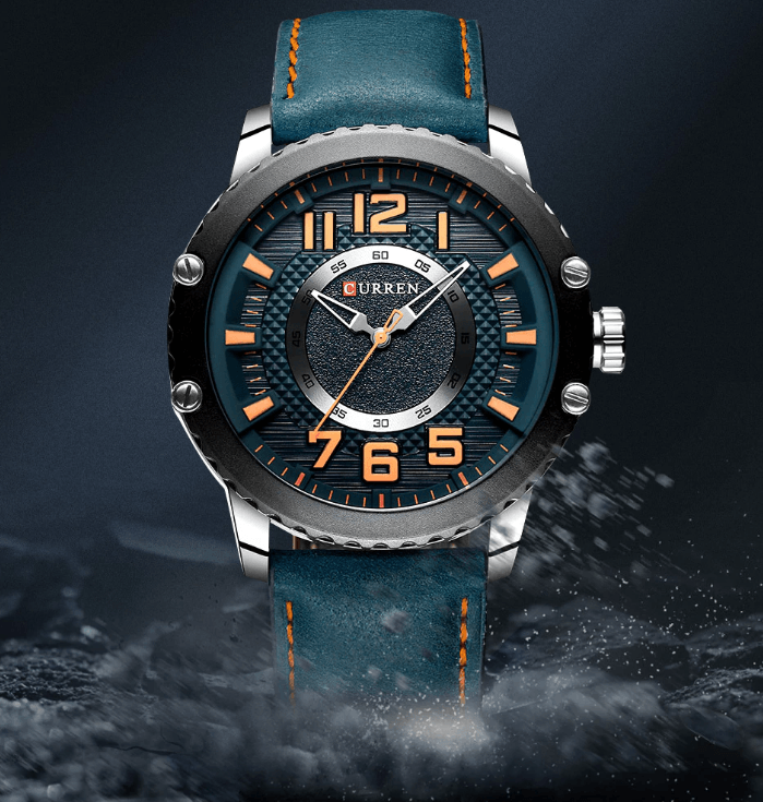 Men's waterproof sport watch Curren with teal leather strap and orange numerals on steel case on Tampa Home & Garden Store