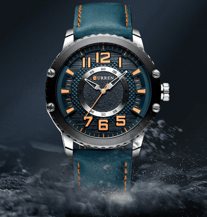 Men's waterproof sport watch Curren with teal leather strap and orange numerals on steel case on Tampa Home & Garden Store
