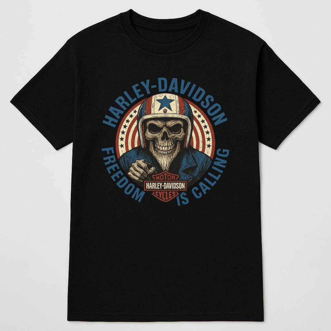 Harley-Davidson graphic T-shirt featuring a skull biker in a helmet, circular star background and Harley shield logo on black tee on Tampa Home & Garden Store