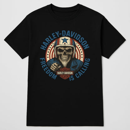 Harley-Davidson graphic T-shirt featuring a skull biker in a helmet, circular star background and Harley shield logo on black tee on Tampa Home & Garden Store