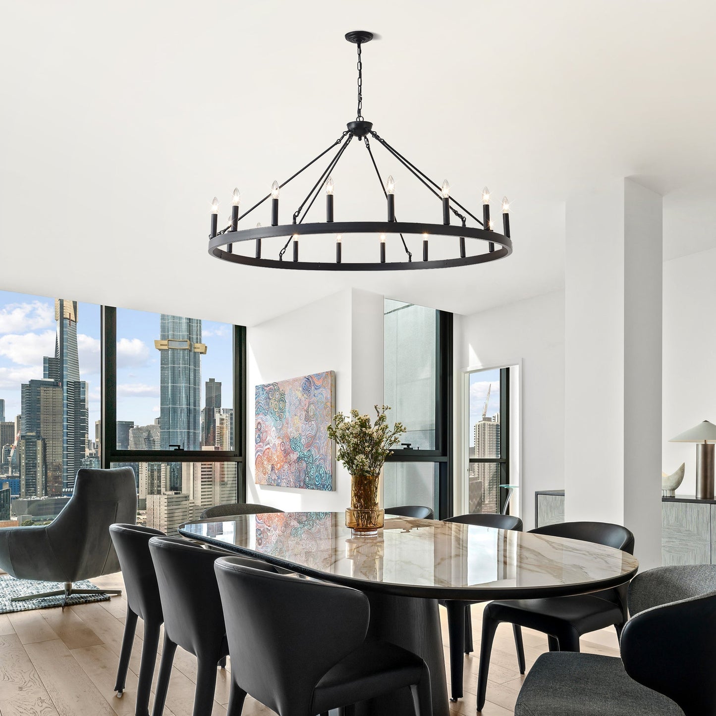 53.15 Inch Matte Black Wagon Wheel Chandelier with 18 Lights by HouseOfZazla on Tampa Home & Garden Store