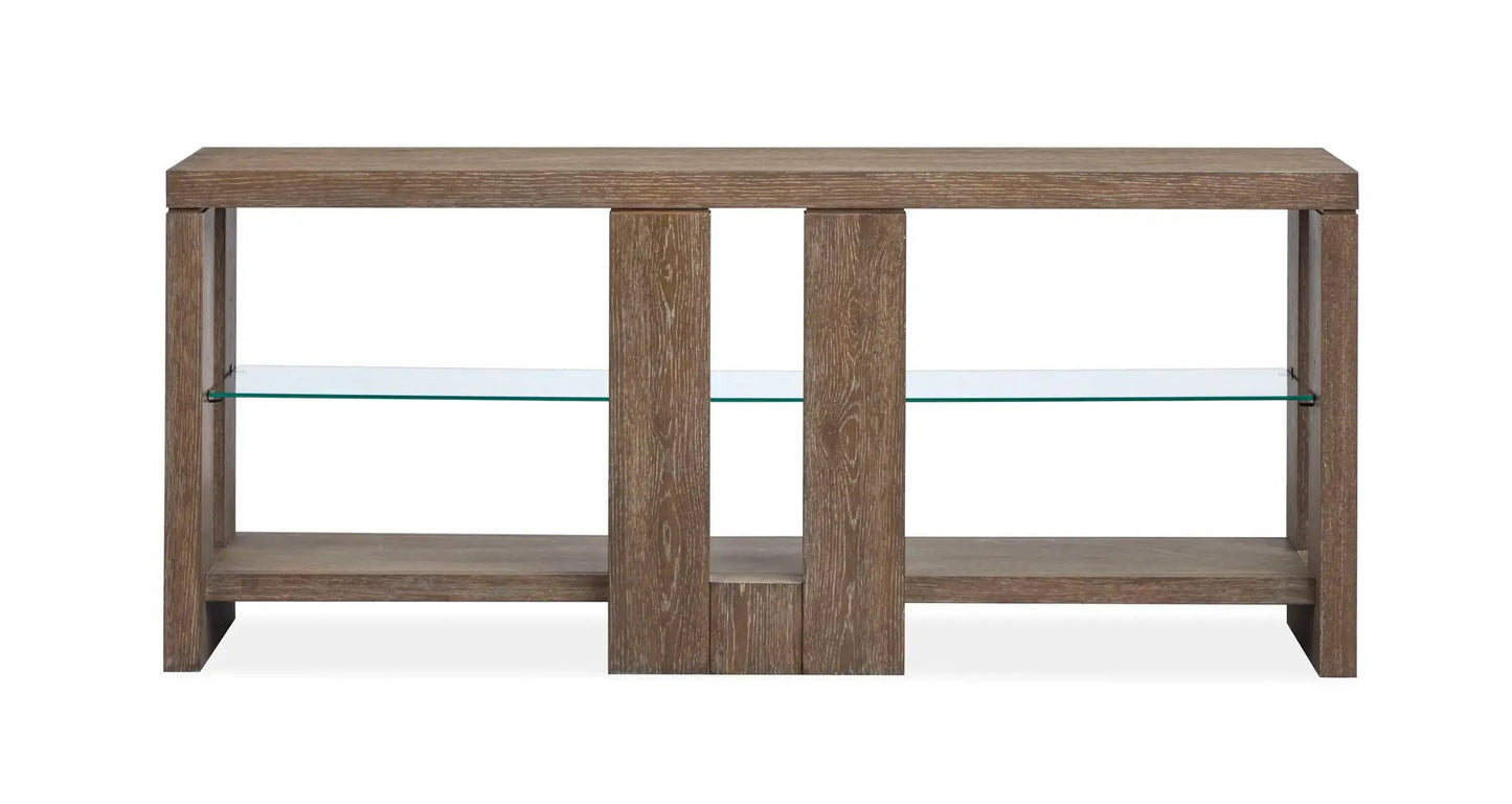 Cypress Console Sofa Table spiced brown wood with a glass shelf on Tampa Home & Garden Store