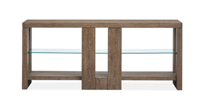 Cypress Console Sofa Table spiced brown wood with a glass shelf on Tampa Home & Garden Store
