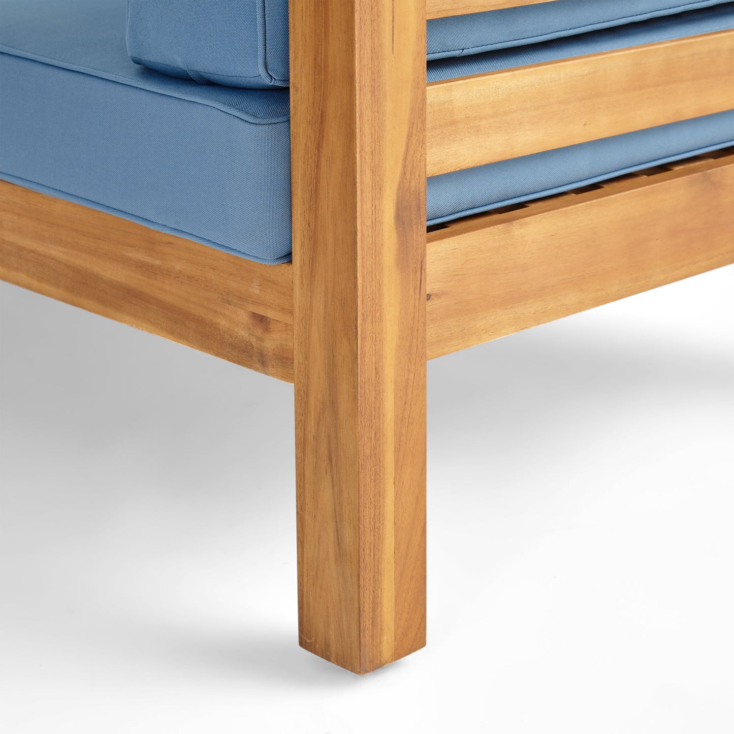 Oana outdoor wooden sectional set with blue cushions on natural wood frame on Tampa Home & Garden Store
