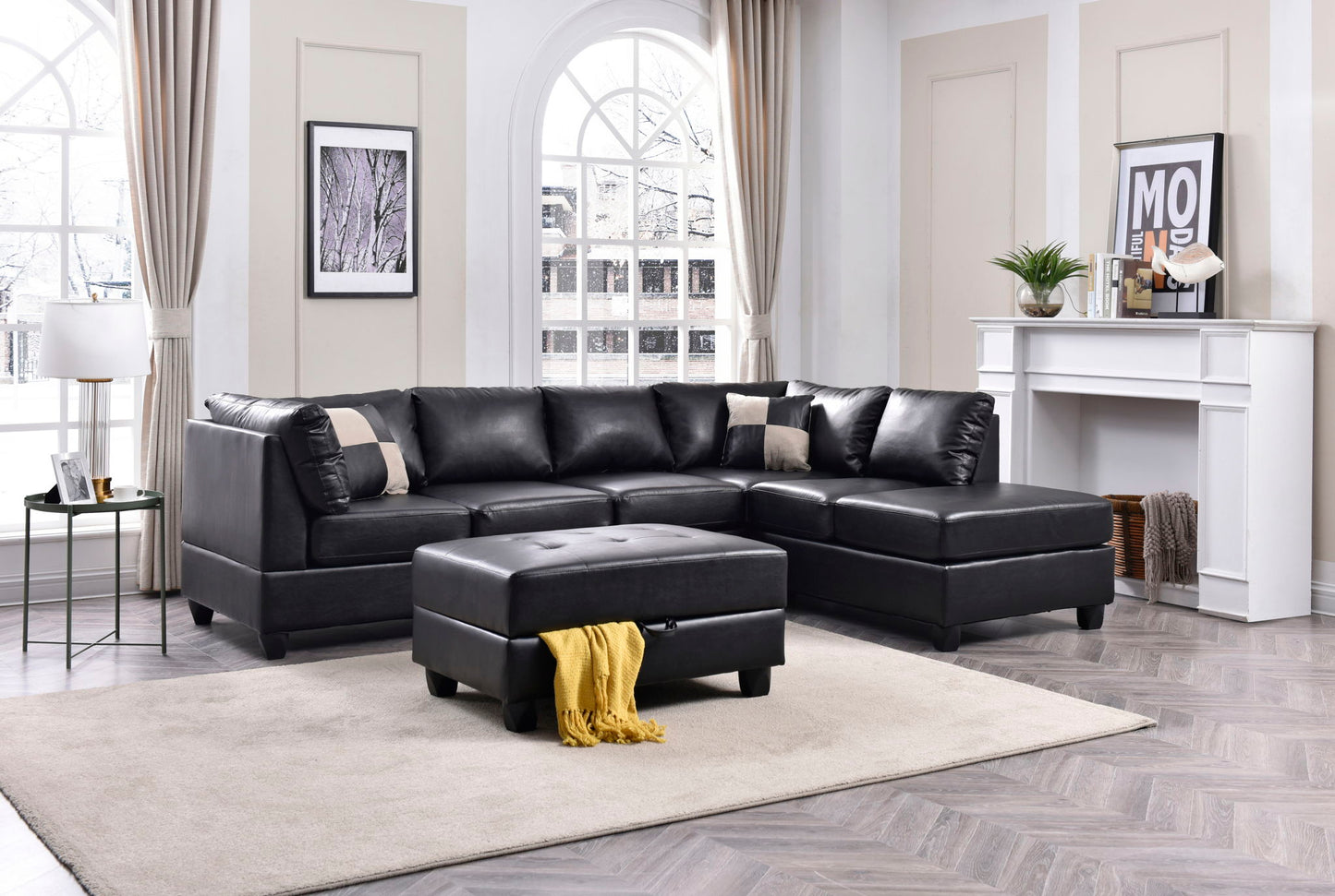 Malone Comfort Sectional black leather with ottoman in living room on Tampa Home & Garden Store