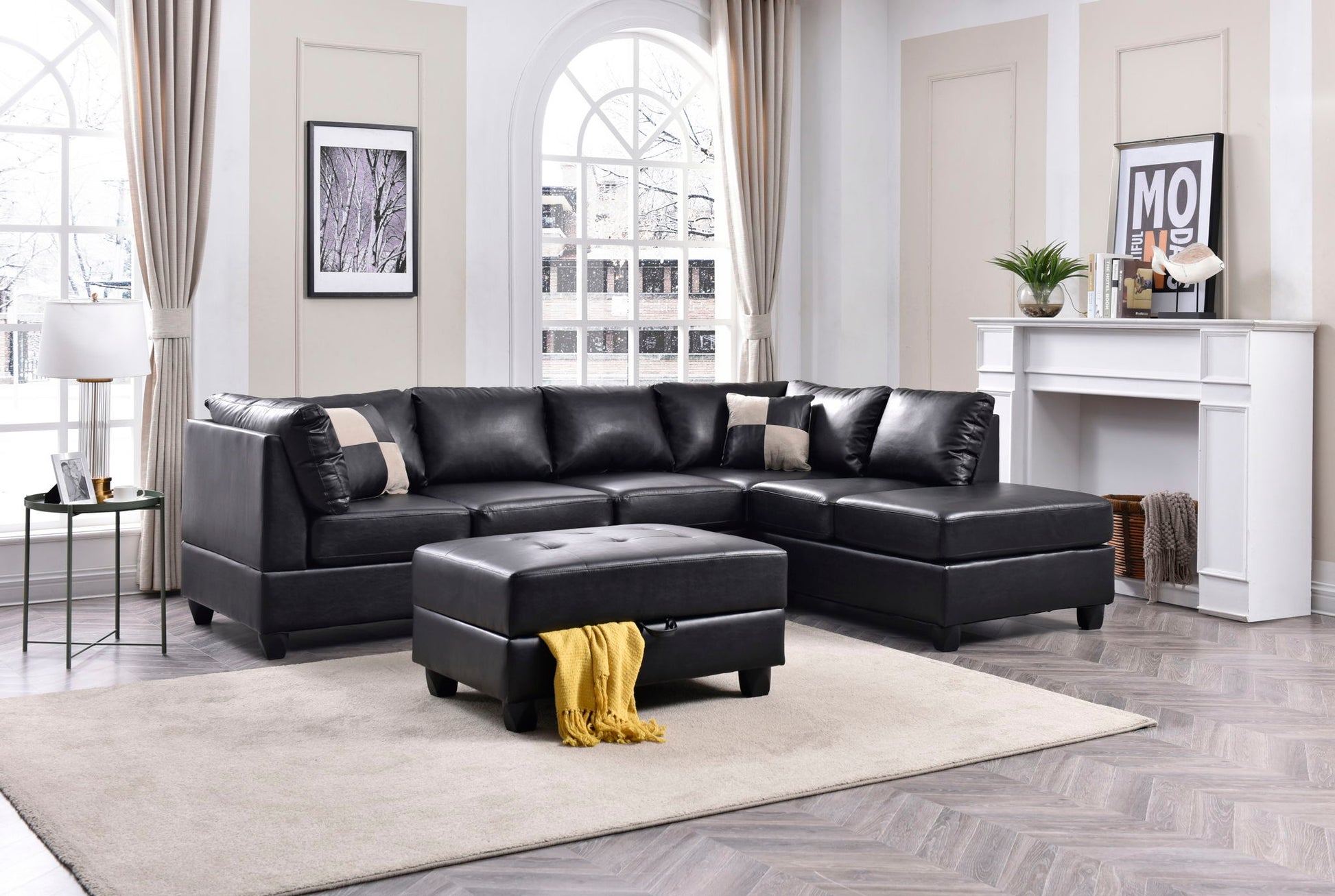 Malone Comfort Sectional with chaise in black leather by Unique Piece Furniture on Tampa Home & Garden Store