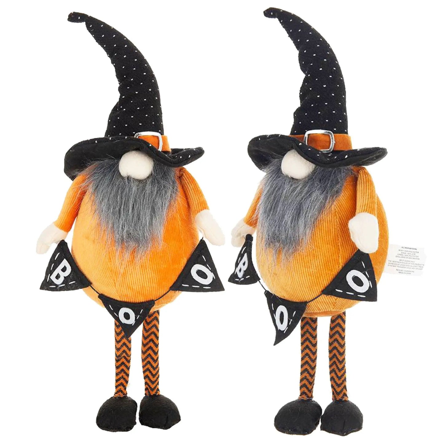 Standing gnome figurines, 2 pcs, orange outfits, black dotted hats, Boo banners on Tampa Home & Garden Store