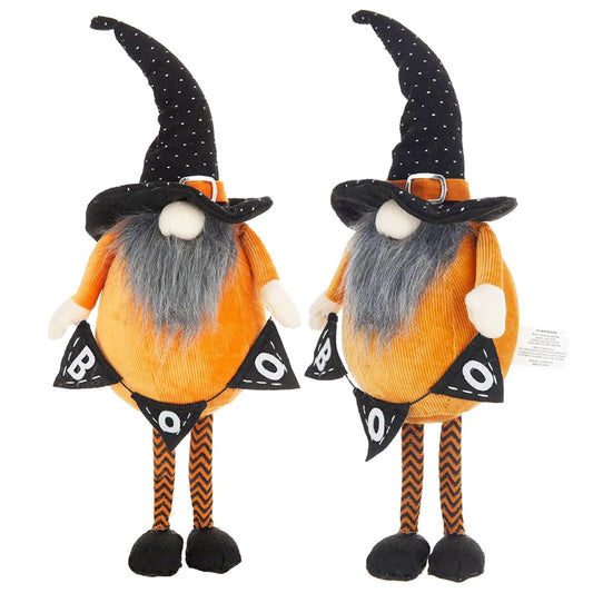 Standing gnome figurines, 2 pcs, orange outfits, black dotted hats, Boo banners on Tampa Home & Garden Store