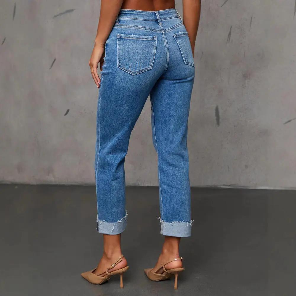 Cuffed blue denim Capri jeans, stretchy back view with rolled cuffs on Tampa Home & Garden Store