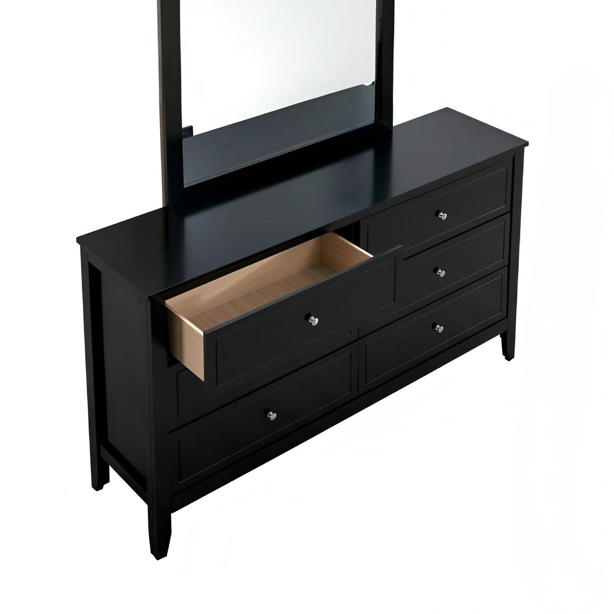Spacious 6-drawer black dresser with metal hardware and attached mirror frame by HouseOfZazla on Tampa Home & Garden Store