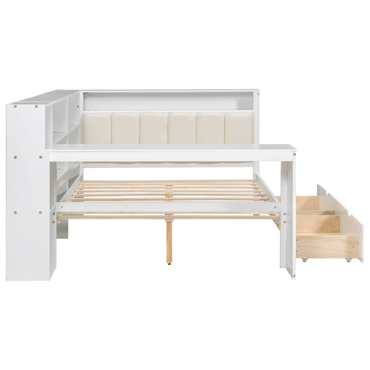 Platform bed with storage shelves and drawers, white finish, slatted base, HouseOfZazla on Tampa Home & Garden Store