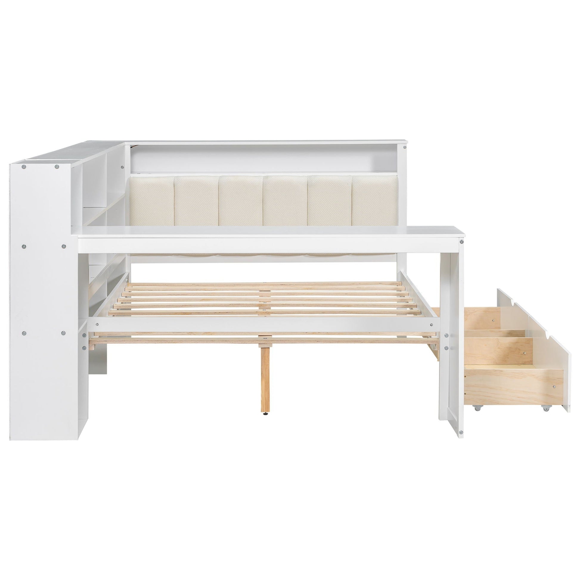 Platform bed with storage shelves and drawers, white finish, slatted base, HouseOfZazla on Tampa Home & Garden Store