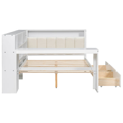 Platform bed with storage shelves and drawers, white finish, slatted base, HouseOfZazla on Tampa Home & Garden Store