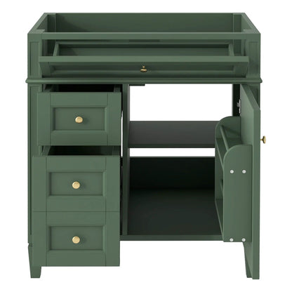 Bathroom vanity base in green with two drawers and tip-out drawer brass knobs storage cabinet on Tampa Home & Garden Store
