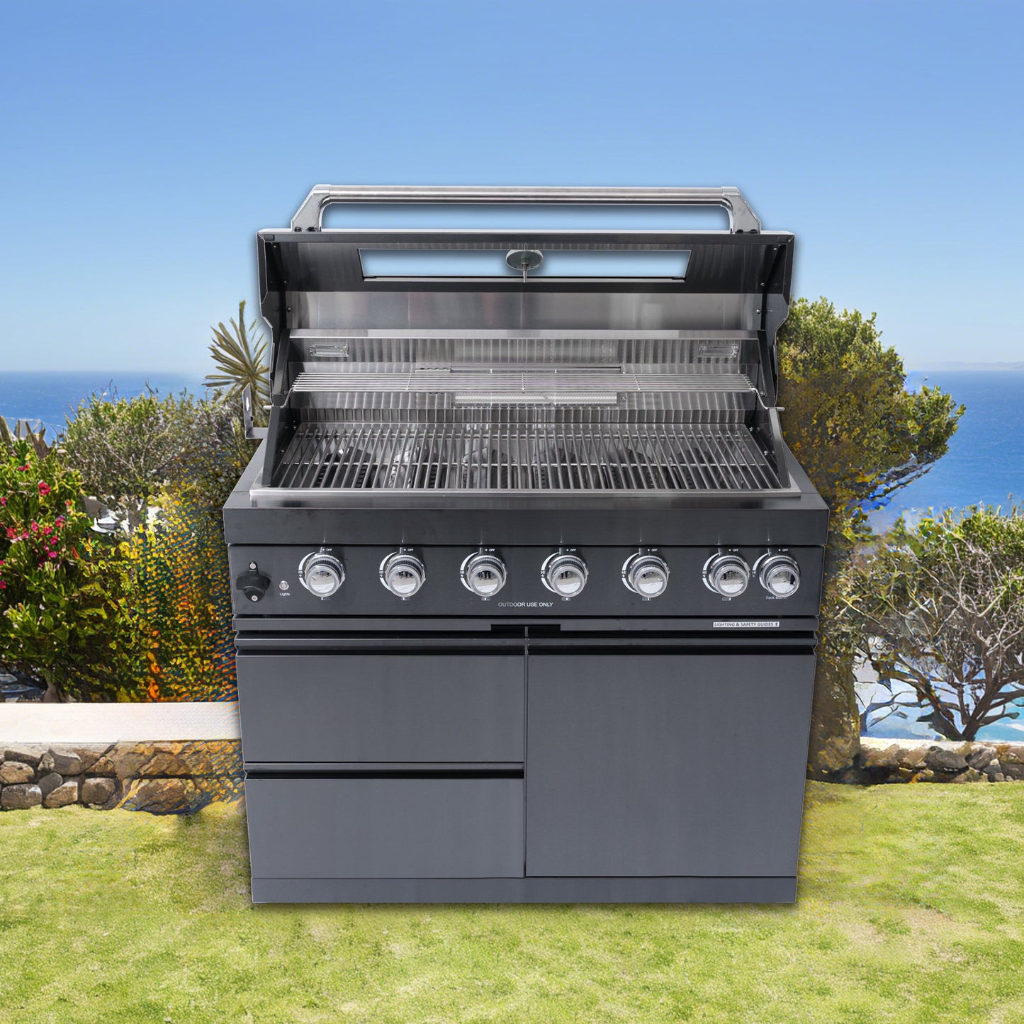 Six Burner Grill by HouseOfZazla stainless steel outdoor gas grill with six control knobs on Tampa Home & Garden Store