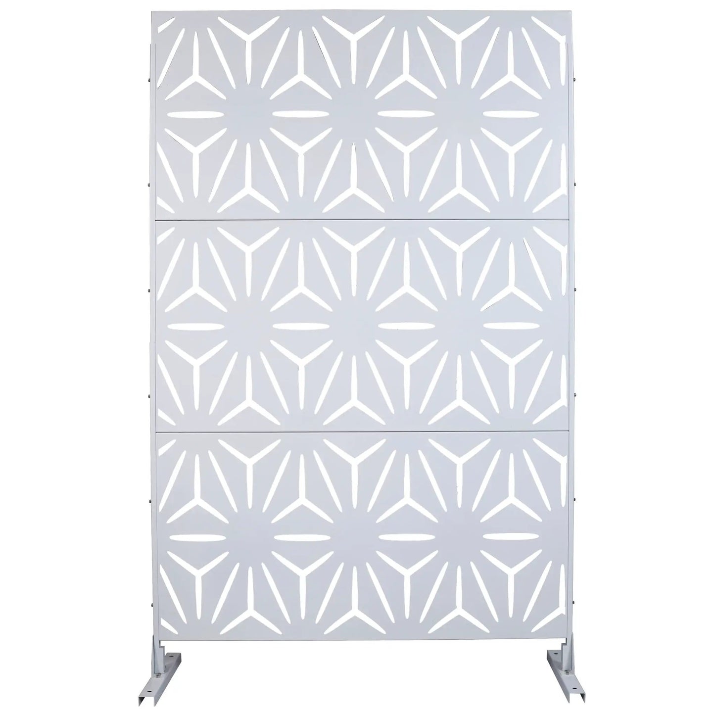 Two-panel outdoor metal privacy screen with geometric cutouts in light gray on Tampa Home & Garden Store