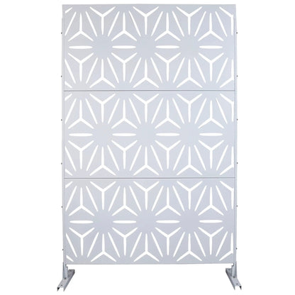 Two-panel outdoor metal privacy screen with geometric cutouts in light gray on Tampa Home & Garden Store