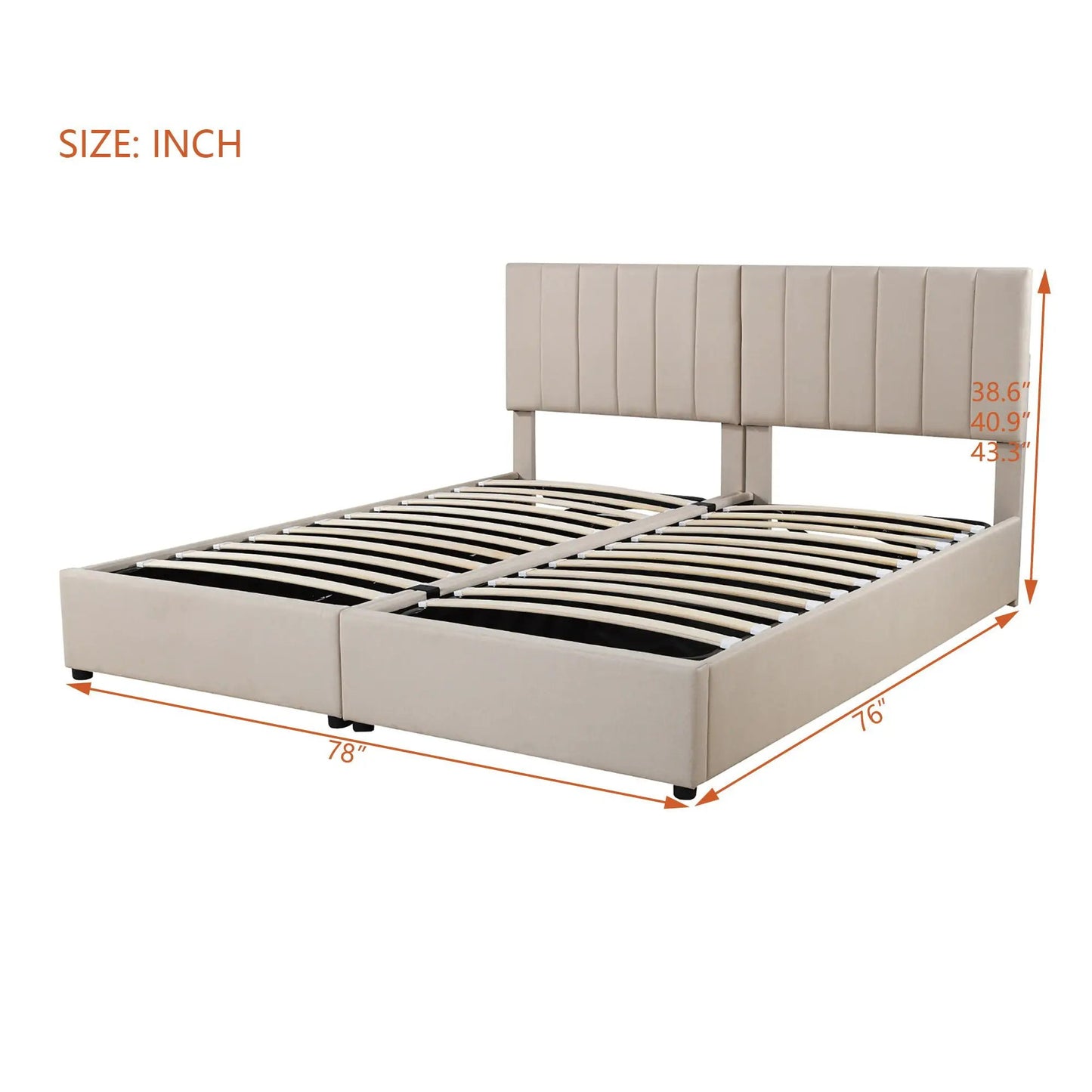 Upholstered platform storage bed with hydraulic lift, beige headboard on Tampa Home & Garden Store