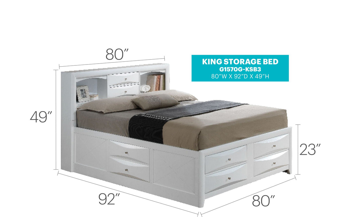 Modern design storage bed with bookcase headboard in white; 80W x 92D; HouseOfZazla on Tampa Home & Garden Store