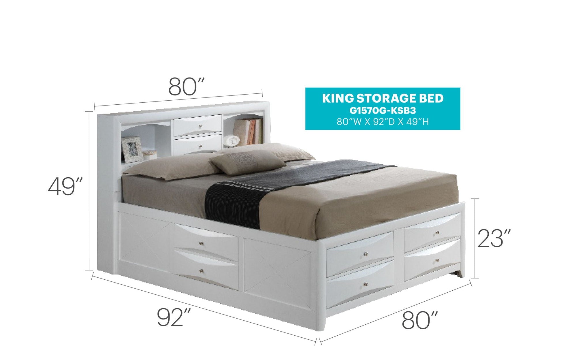 Modern design storage bed with bookcase headboard in white; 80W x 92D; HouseOfZazla on Tampa Home & Garden Store