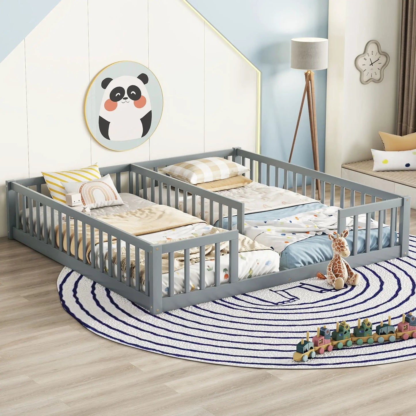 Double Floor Bed with Fence and Guardrails