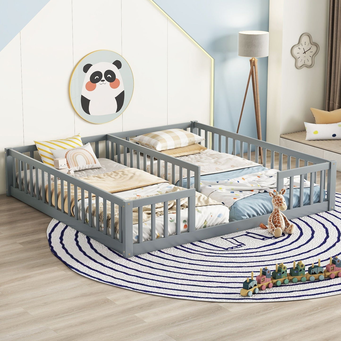 Solid Double Floor Bed With Guardrails and Fence