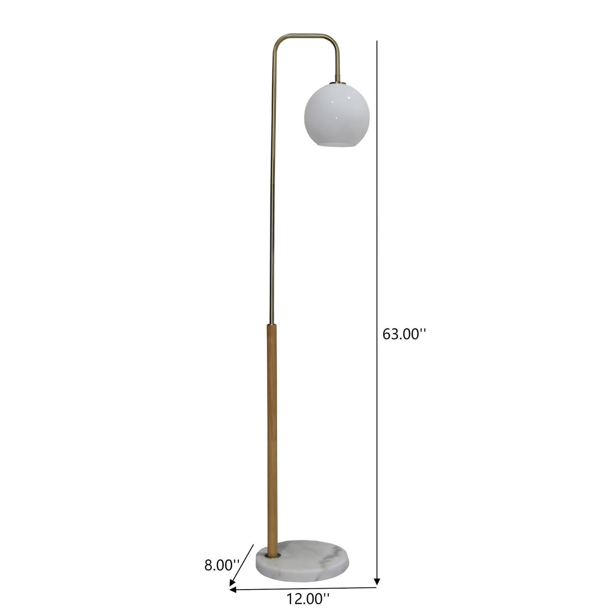Tall Corner Floor Lamp by HouseOfZazla with brass arc, white glass globe shade and marble base on Tampa Home & Garden Store