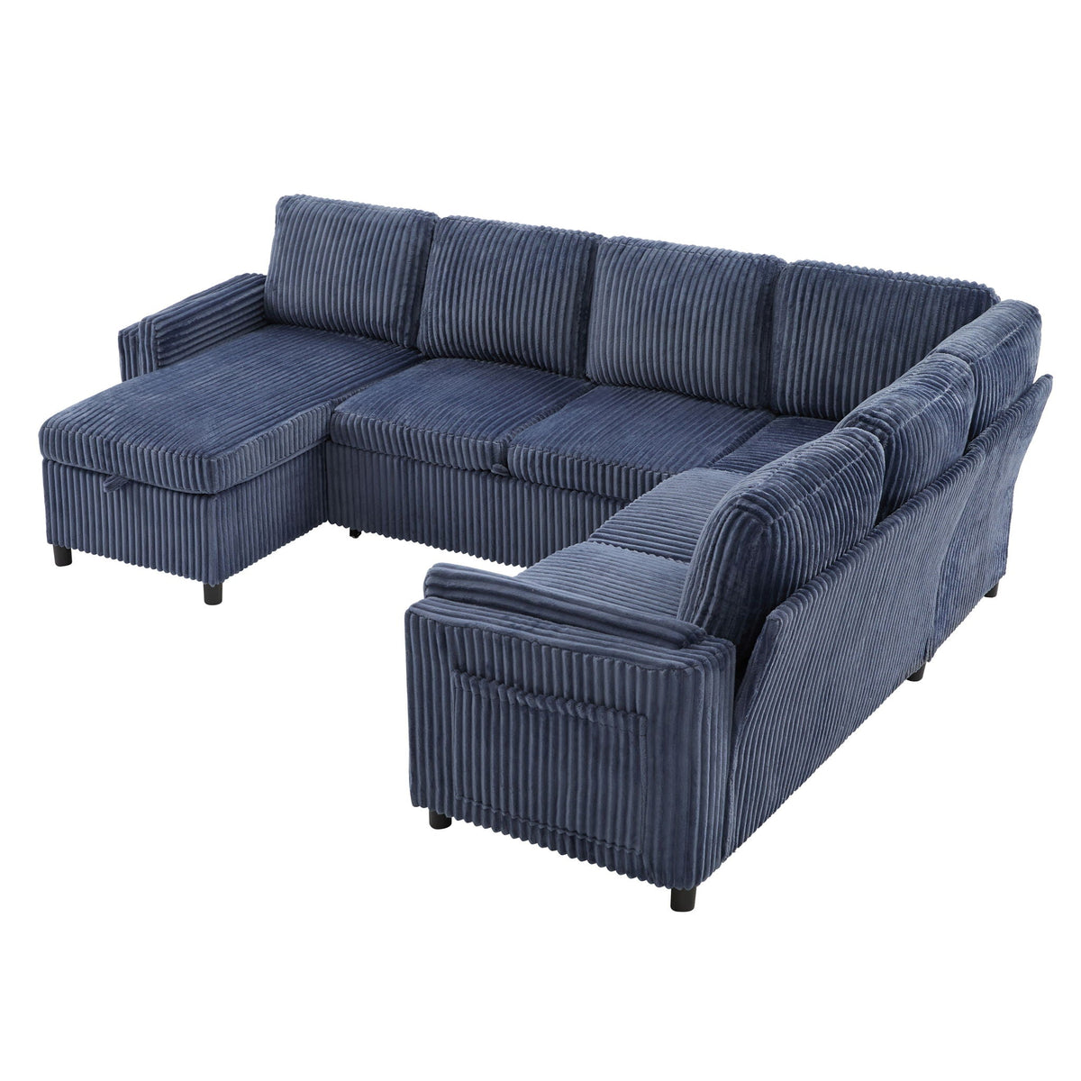 Convertible U-Shaped Sectional Sofa Bed with USB Ports and Storage in blue corduroy on Tampa Home & Garden Store